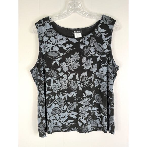 Vintage 90s Y2K Stretchy Floral Tank Top Large Black Whimsigoth Grunge Cyber - Picture 1 of 13